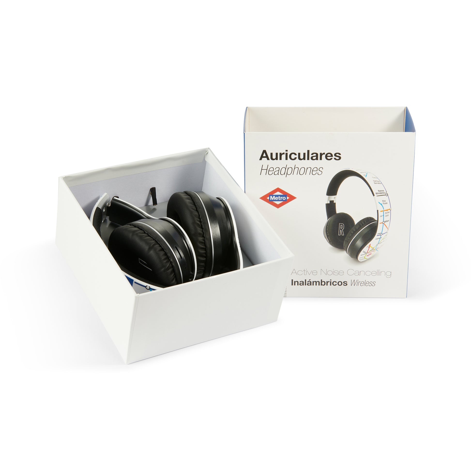 Auriculares inalámbricos negros con cancelación de ruido en caja blanca, empaque bilingüe