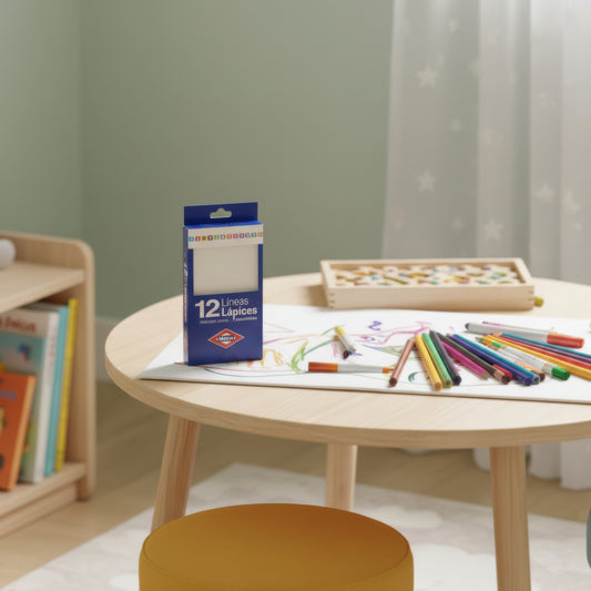 Caja de lápices de colores JAGUAR y dibujos infantiles sobre mesa redonda en aula infantil